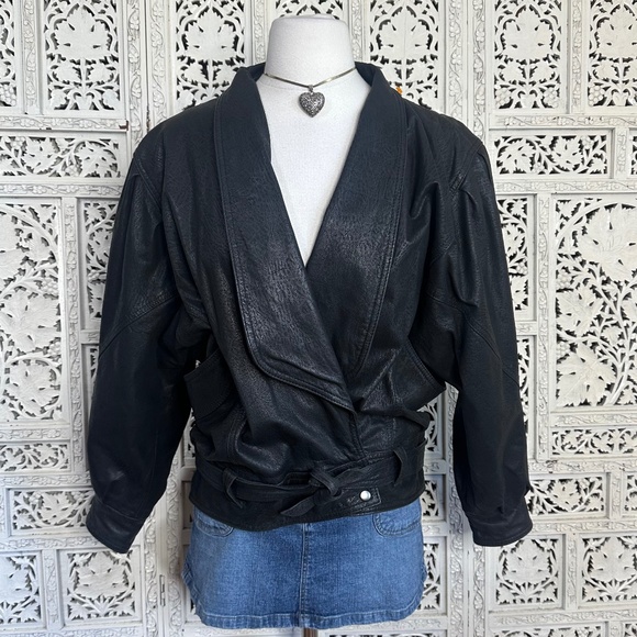 Vintage Winlit Black Leather Strong Shoulder 80's Baggy Oversized Jacket Sz S - Picture 1 of 9